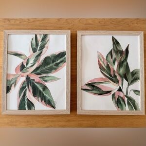 Botanical Watercolor Leaf Print Pair in Green and Pink
